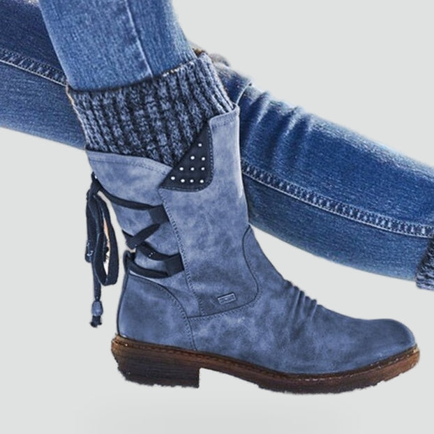 Women's Suede Knit Cuff Winter Boots Lace-Up Back Mid-Calf Warm-Lined
