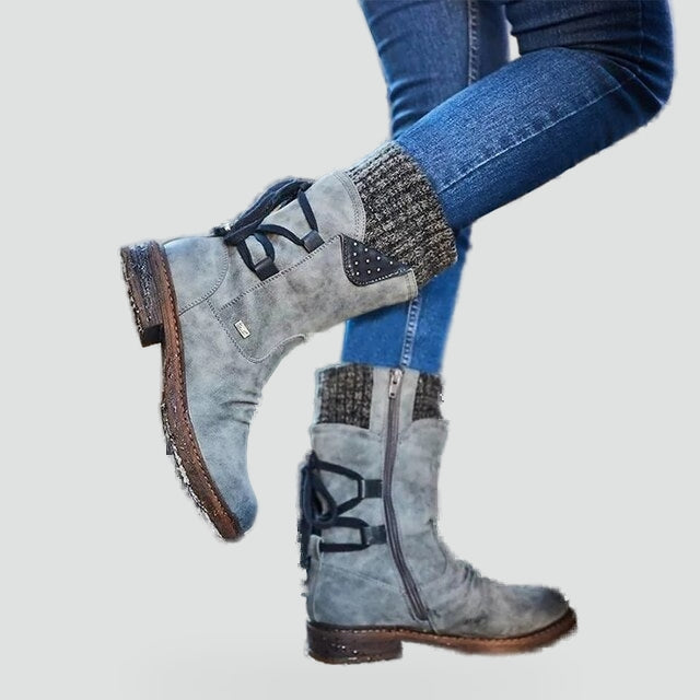 Women's Suede Knit Cuff Winter Boots Lace-Up Back Mid-Calf Warm-Lined