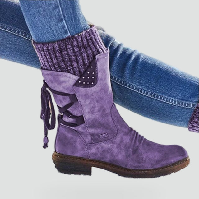 Women's Suede Knit Cuff Winter Boots Lace-Up Back Mid-Calf Warm-Lined
