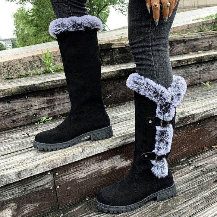 Women's Suede Fur-Trim Tall Snow Boots Buckle Strap Warm Lug Sole Winter