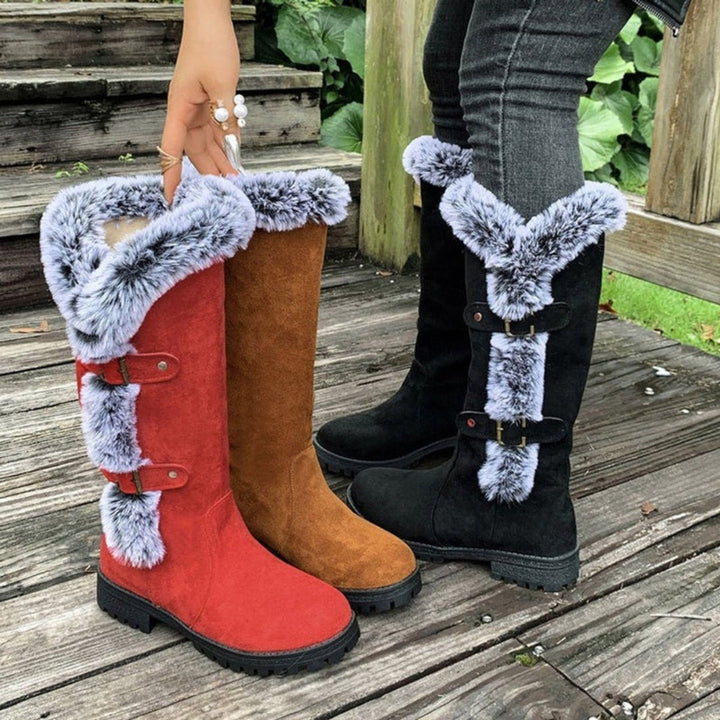 Women's Suede Fur-Trim Tall Snow Boots Buckle Strap Warm Lug Sole Winter