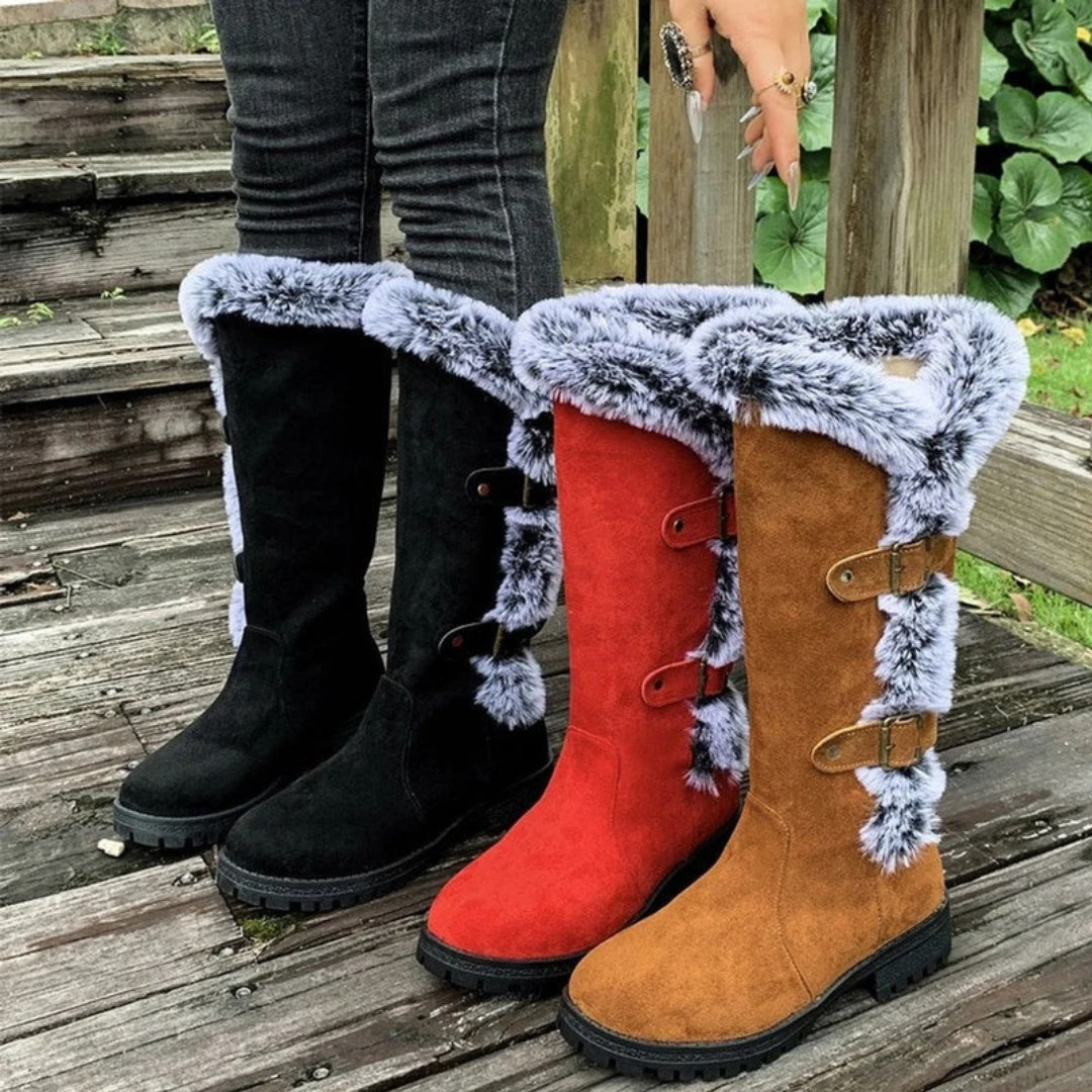 Women's Suede Fur-Trim Tall Snow Boots Buckle Strap Warm Lug Sole Winter