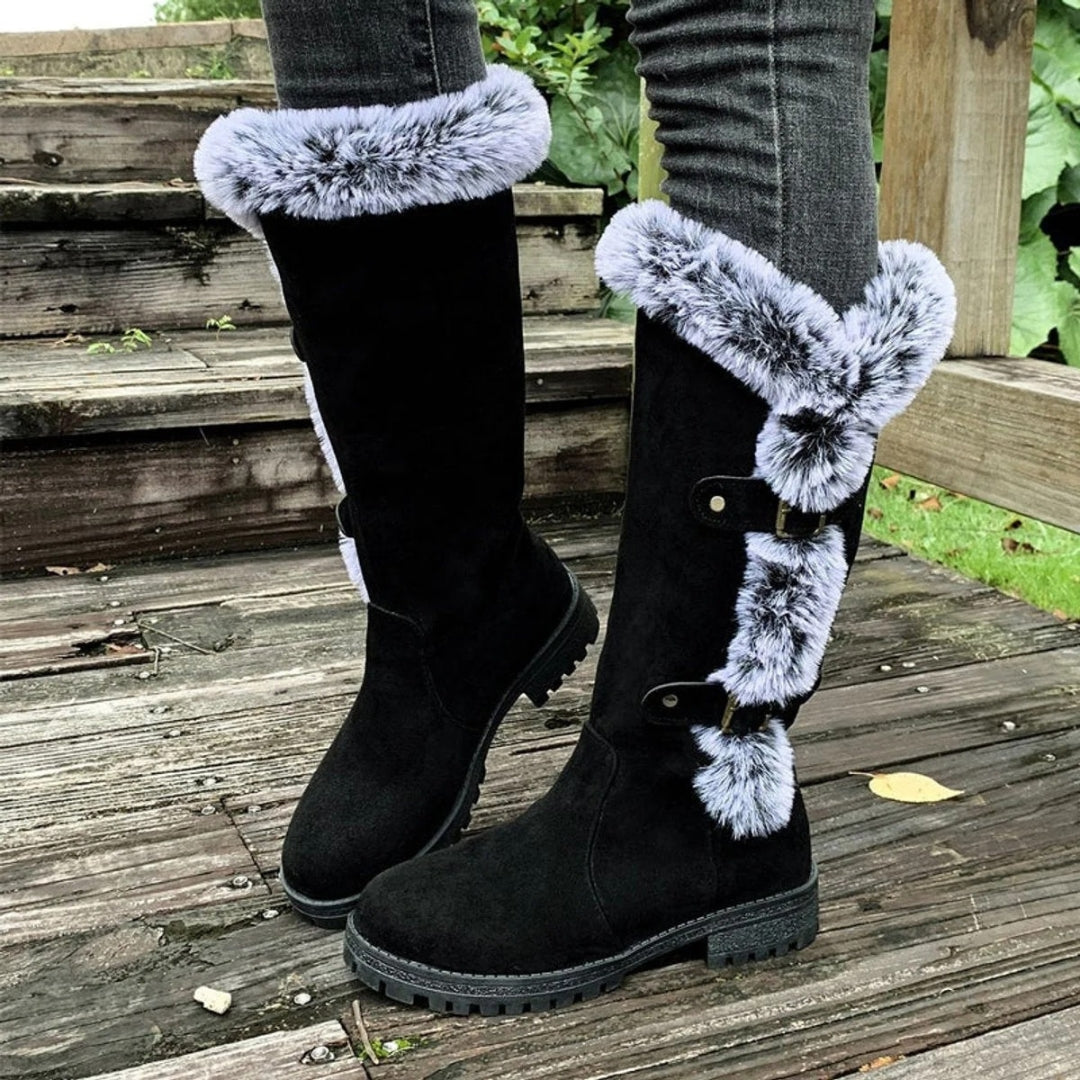 Women's Suede Fur-Trim Tall Snow Boots Buckle Strap Warm Lug Sole Winter