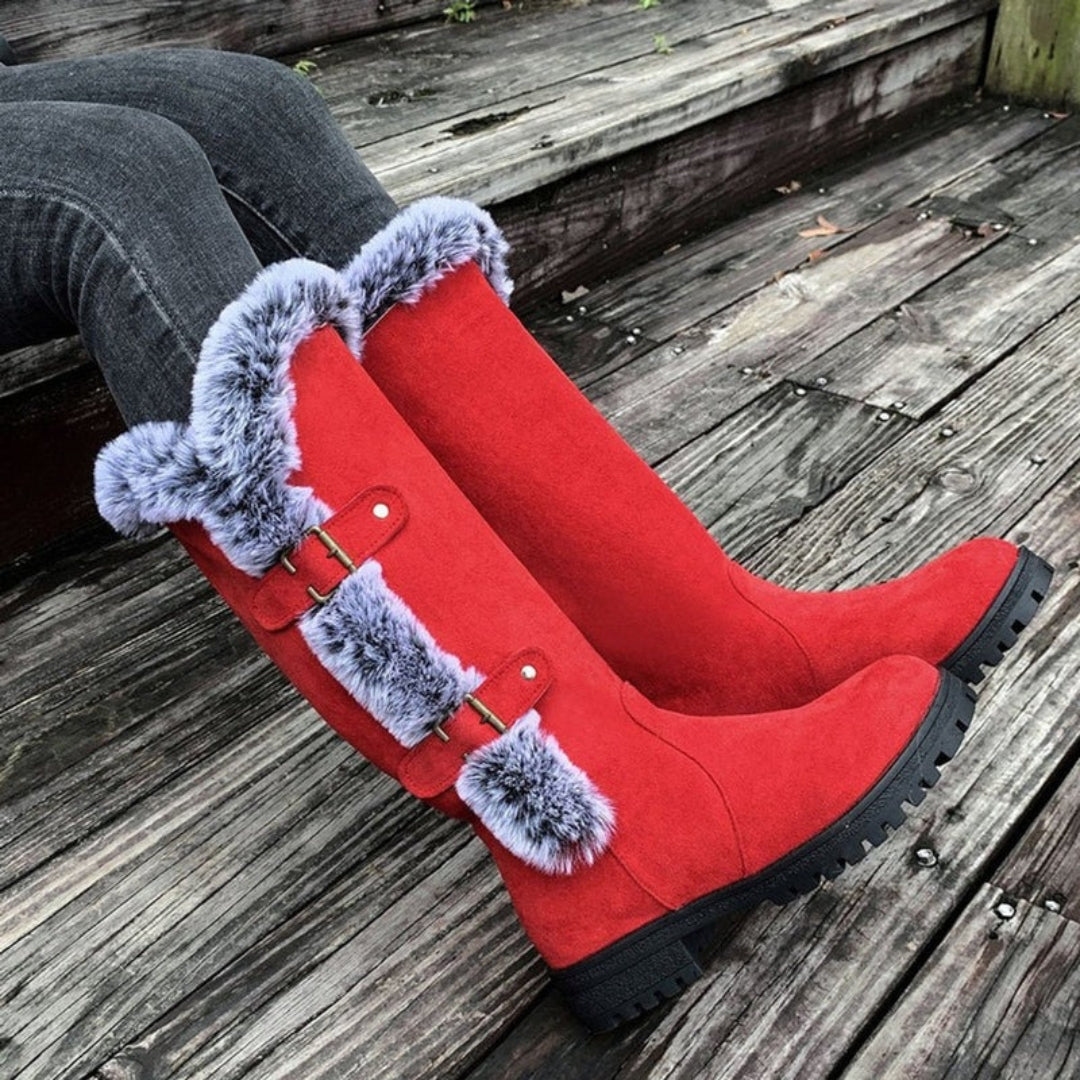 Women's Suede Fur-Trim Tall Snow Boots Buckle Strap Warm Lug Sole Winter
