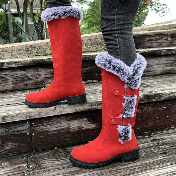 Women's Suede Fur-Trim Tall Snow Boots Buckle Strap Warm Lug Sole Winter