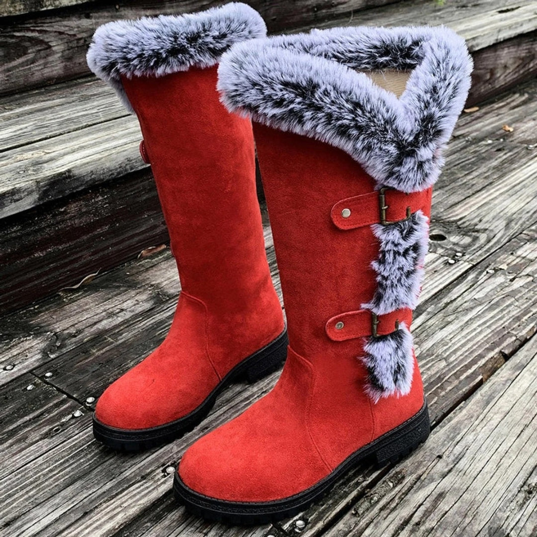 Women's Suede Fur-Trim Tall Snow Boots Buckle Strap Warm Lug Sole Winter