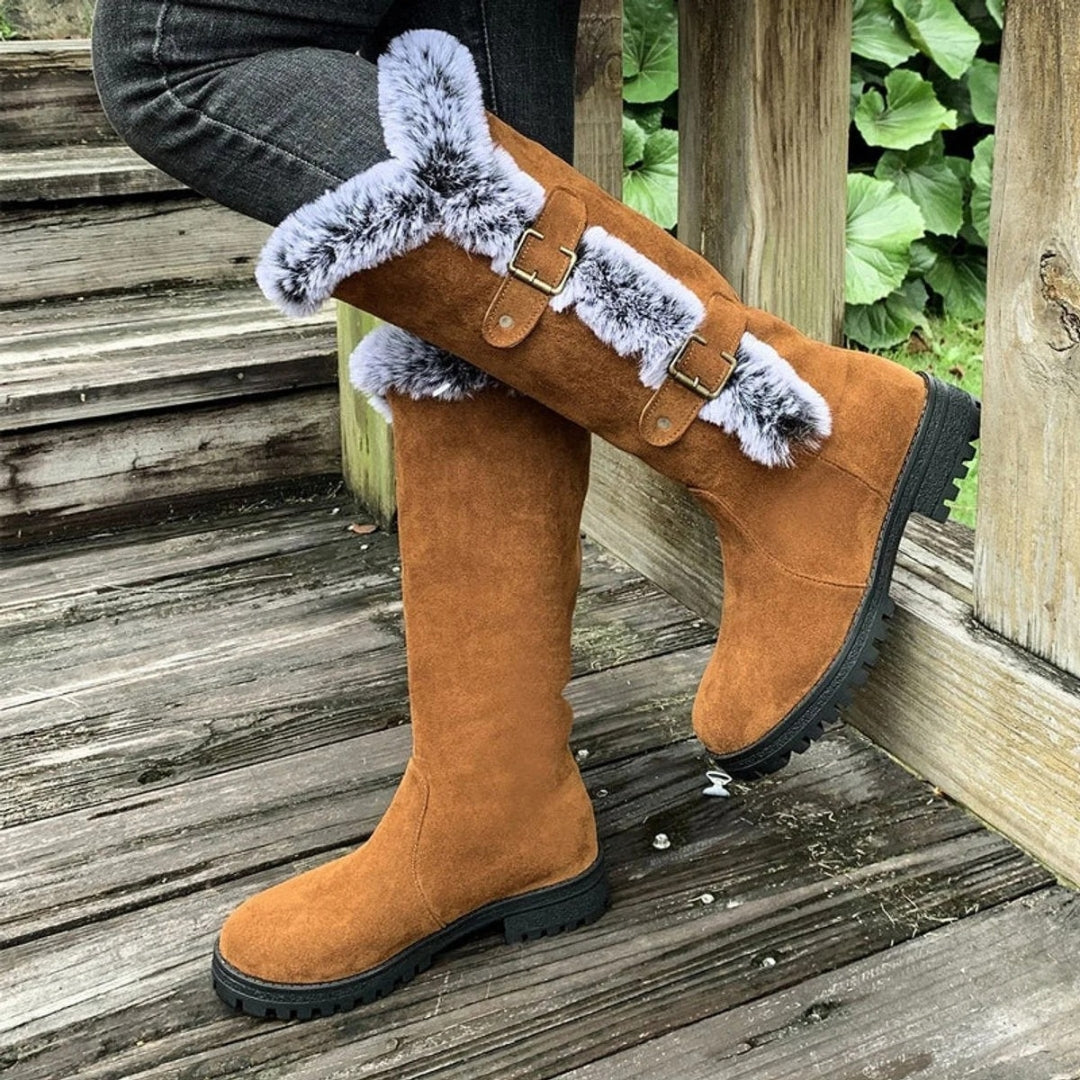 Women's Suede Fur-Trim Tall Snow Boots Buckle Strap Warm Lug Sole Winter