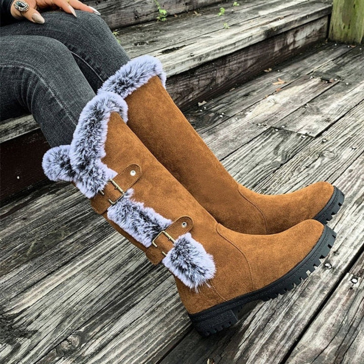Women's Suede Fur-Trim Tall Snow Boots Buckle Strap Warm Lug Sole Winter