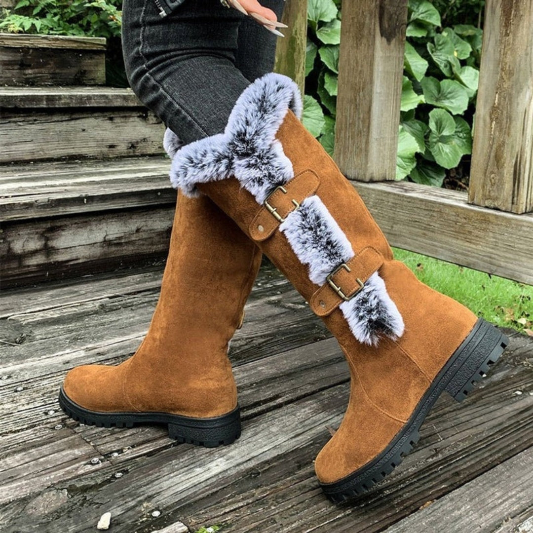 Women's Suede Fur-Trim Tall Snow Boots Buckle Strap Warm Lug Sole Winter