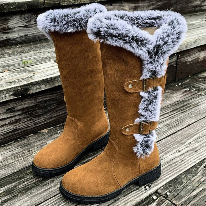 Women's Suede Fur-Trim Tall Snow Boots Buckle Strap Warm Lug Sole Winter