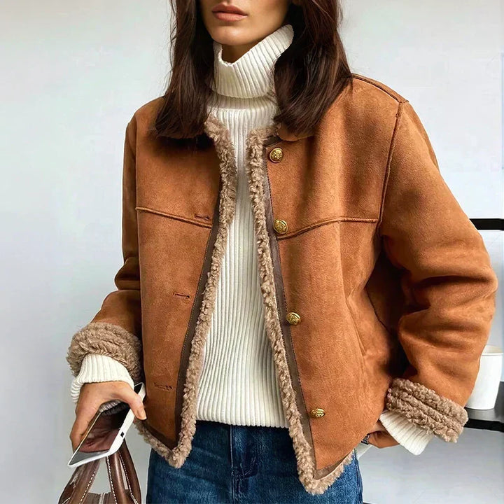 Women's Brown Faux Shearling Suede Jacket Button-Up Stand Collar Winter