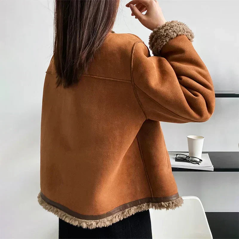 Women's Brown Faux Shearling Suede Jacket Button-Up Stand Collar Winter