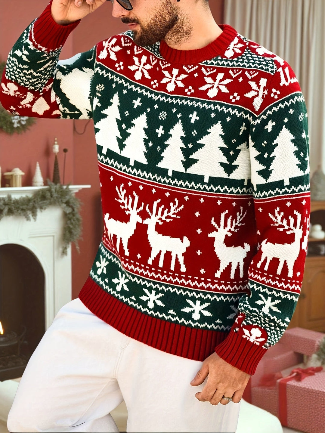Men's Festive Christmas Sweater Reindeer Fair Isle Crewneck Holiday