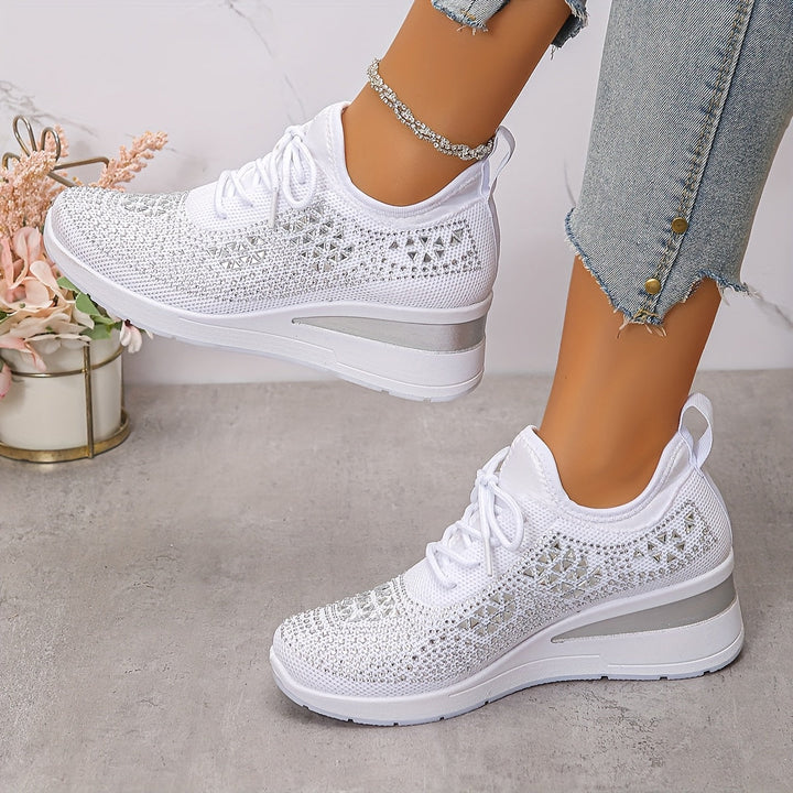 Women's Rhinestone Knit Wedge Sneakers Lace-Up Cushioned Comfort Walking