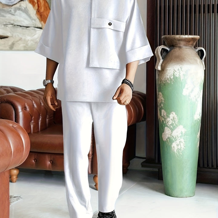 Men's Two-Piece Set Oversized Tee Chest-Pocket Straight-Trousers Relaxed