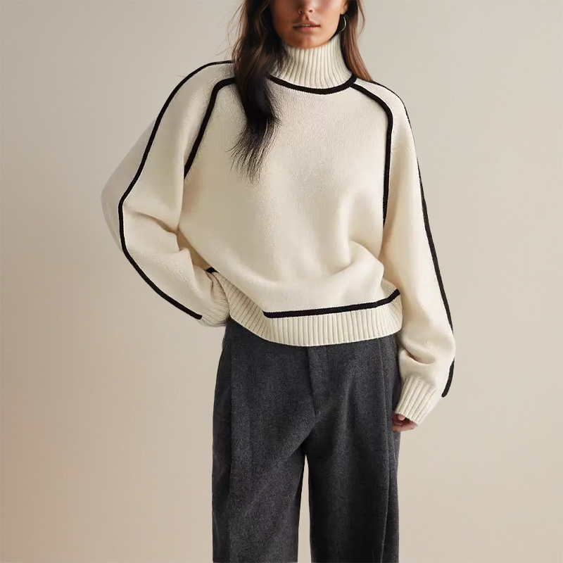 Women's Ribbed Turtleneck Sweater Contrast Piping Long-Sleeve Relaxed Knit Pullover