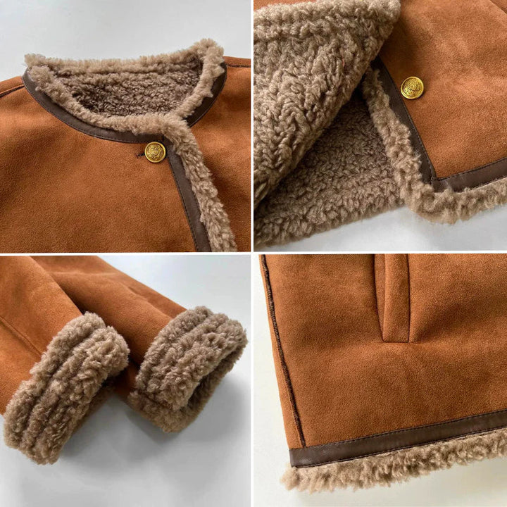 Women's Brown Faux Shearling Suede Jacket Button-Up Stand Collar Winter