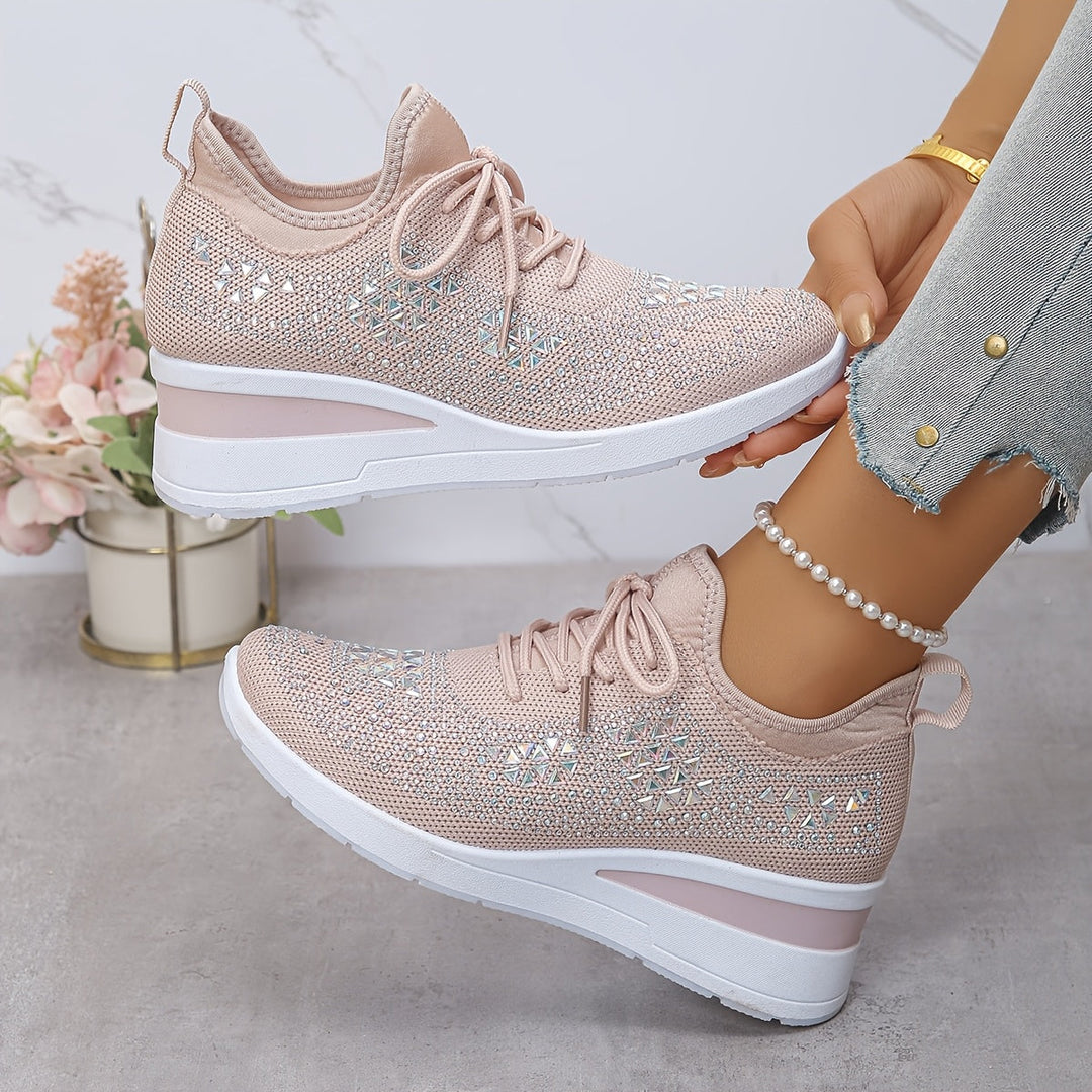 Women's Rhinestone Knit Wedge Sneakers Lace-Up Cushioned Comfort Walking