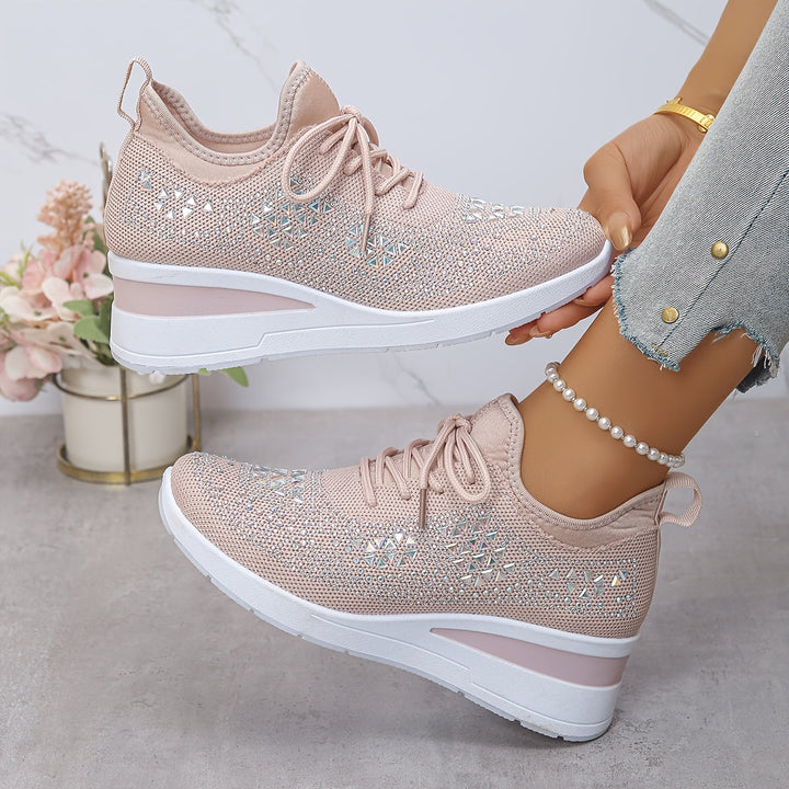 Women's Rhinestone Knit Wedge Sneakers Lace-Up Cushioned Comfort Walking