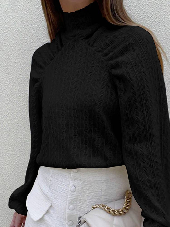 Women's Mock Neck Knit Top Cold-Shoulder Balloon-Sleeve Textured Relaxed