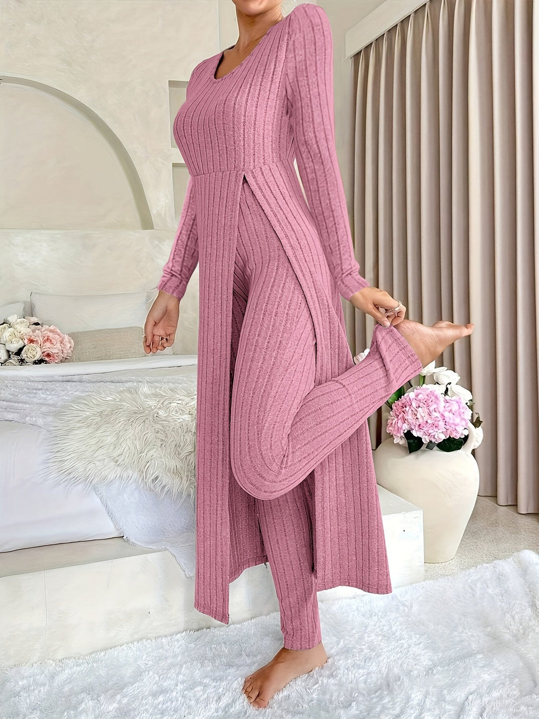 Women's Ribbed Two-Piece Lounge Set Longline Split-Hem Long-Sleeve Pants Cozy