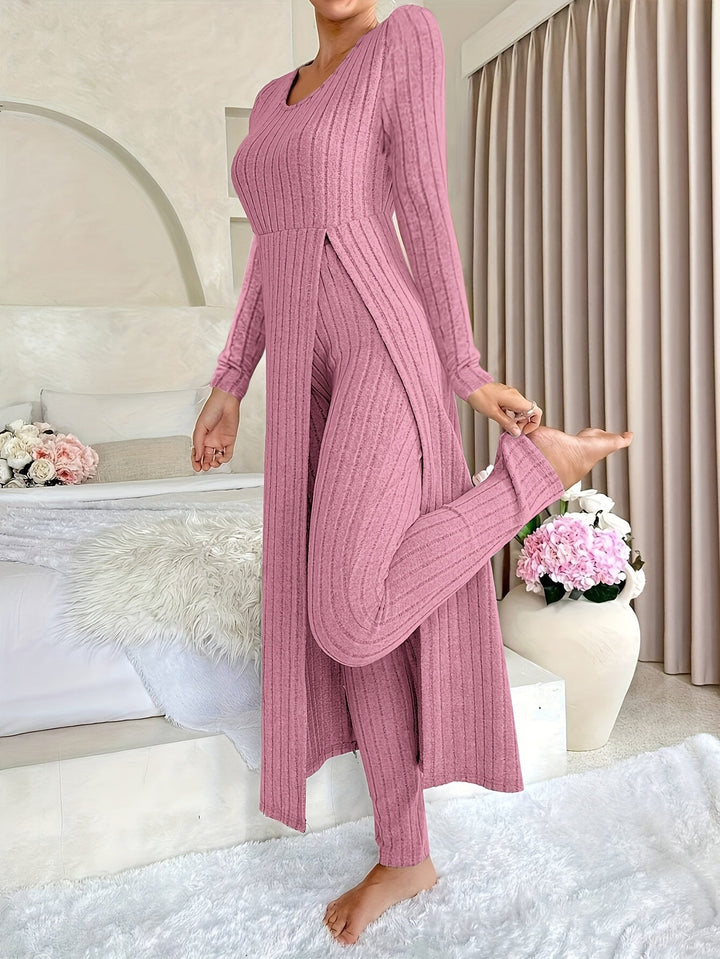 Women's Ribbed Two-Piece Lounge Set Longline Split-Hem Long-Sleeve Pants Cozy