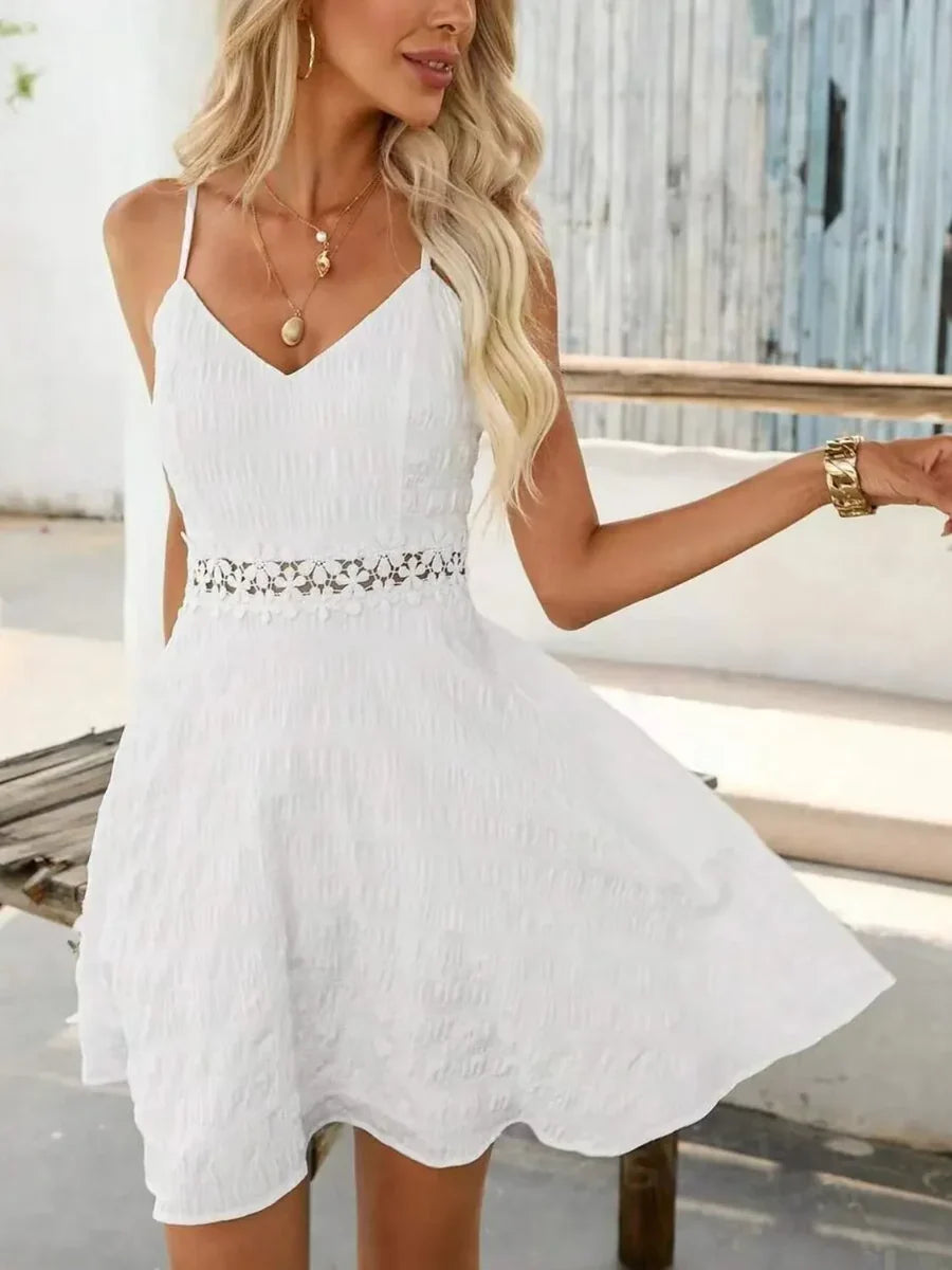 Women's Spaghetti Strap Mini Dress V-Neck Floral Lace A-Line Flowy