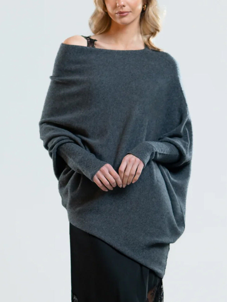 Women's Off-Shoulder Knit Sweater Carmen Neckline Batwing Sleeve Oversized