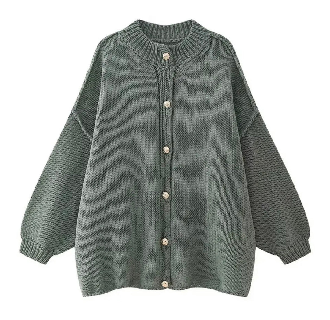 Women's Oversized Chunky Knit Cardigan Button-Front High-Neck Balloon-Sleeve