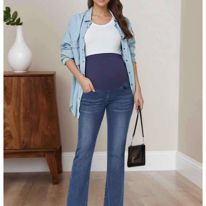 Women's Denim Maternity Jeans Belly Panel Flare Leg Bootcut Stretch Casual