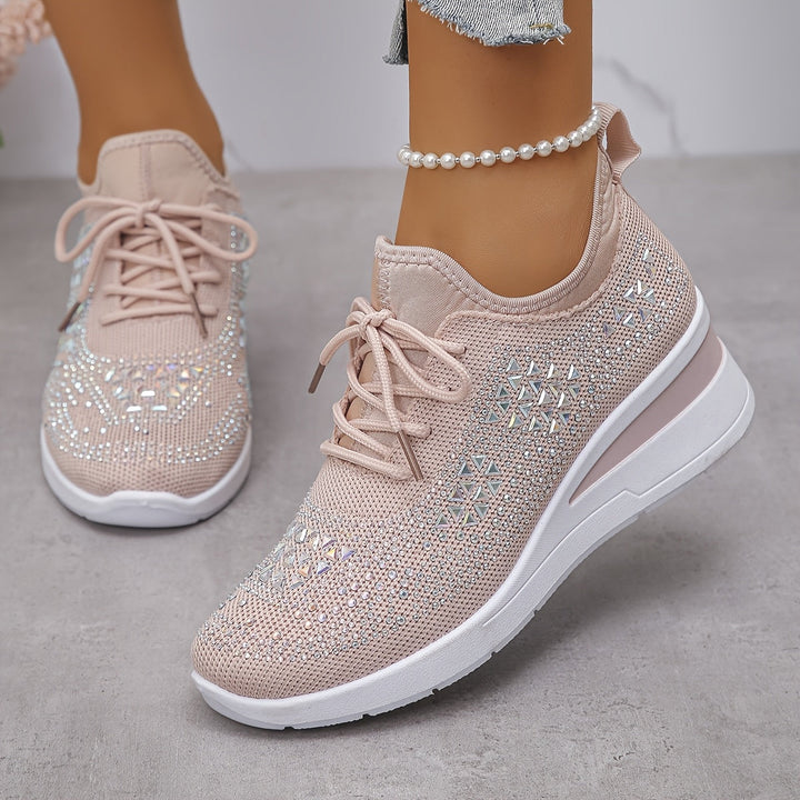 Women's Rhinestone Knit Wedge Sneakers Lace-Up Cushioned Comfort Walking