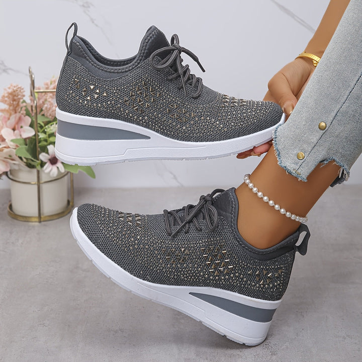 Women's Rhinestone Knit Wedge Sneakers Lace-Up Cushioned Comfort Walking