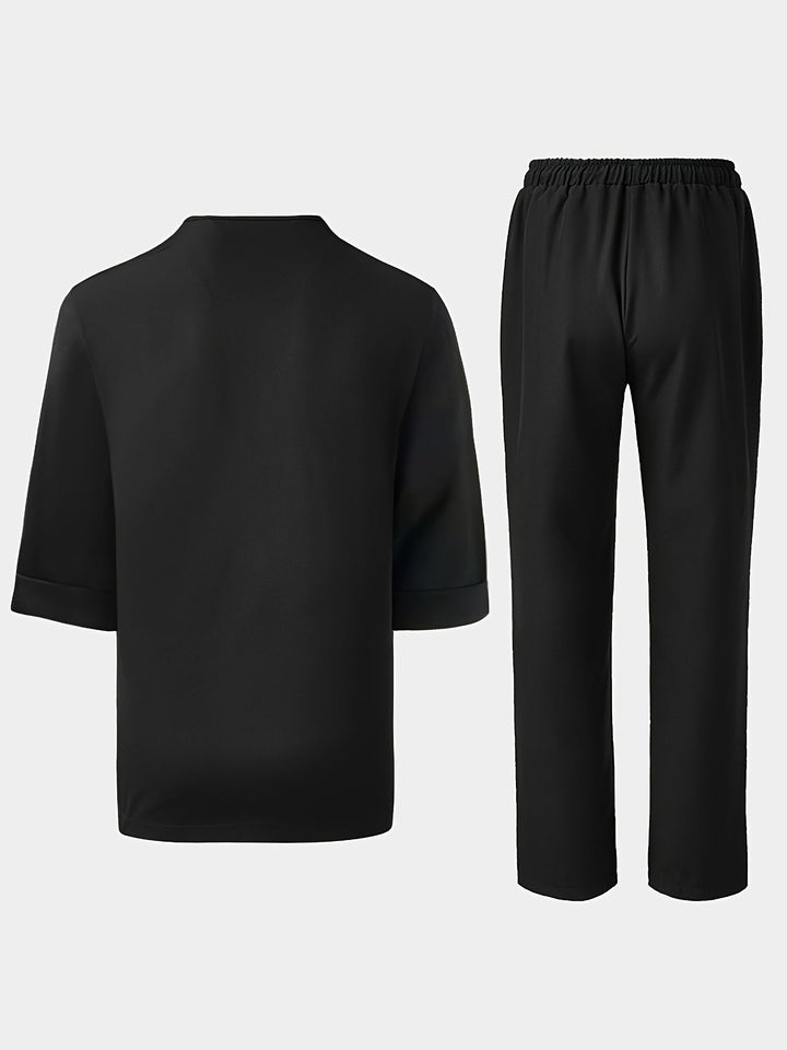 Men's Two-Piece Set Oversized Tee Chest-Pocket Straight-Trousers Relaxed