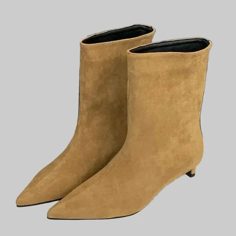 Women's Suede Ankle Boots Pointed Toe Kitten Heel Pull-On Slouchy