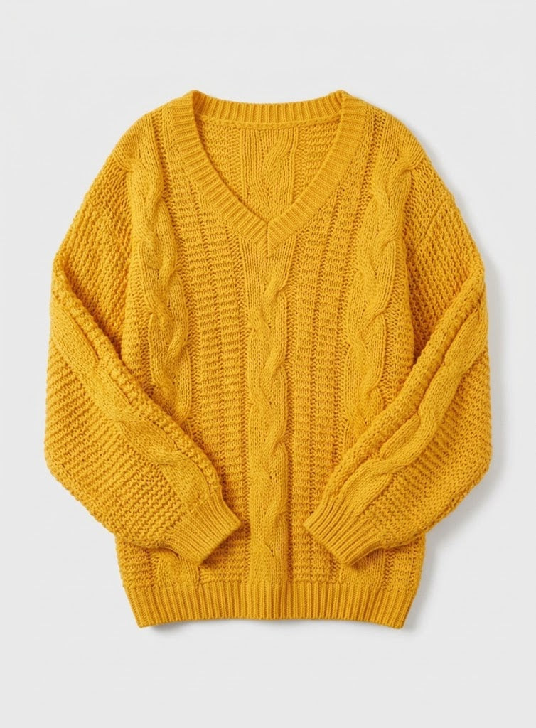 Women's Cable Knit Sweater V-Neck Long-Sleeve Off-Shoulder Relaxed Pullover