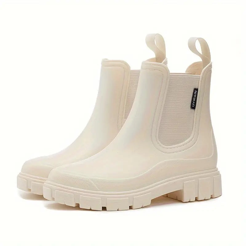 Women's Rubber Chelsea Rain Boots Platform Lug Sole Slip-On Pull Tab
