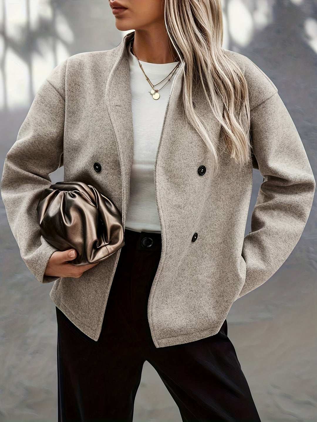 Women's Apricot Wool Pea Coat Stand Collar Double-Breasted Oversized Winter