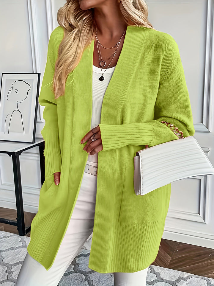 Women's Wool Blend Open-Front Cardigan Ribbed Longline Patch-Pocket Relaxed