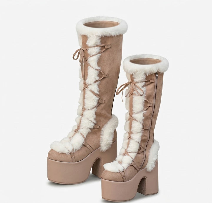 Women's Suede Platform Knee-High Snow Boots Faux-Fur Lace-Up Chunky