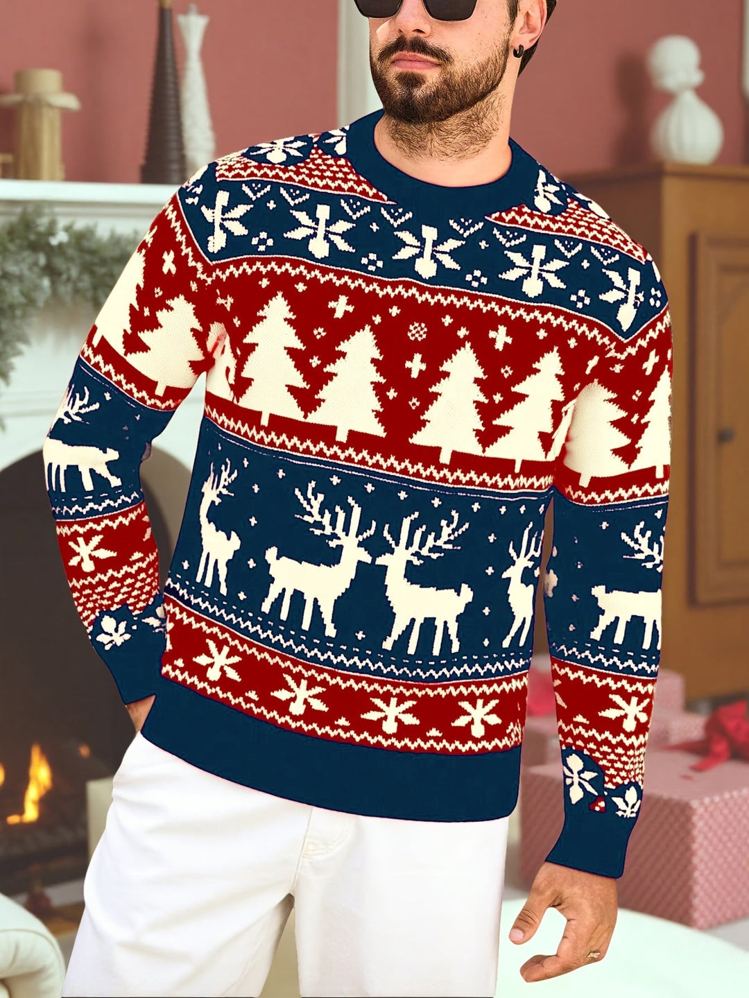 Men's Festive Christmas Sweater Reindeer Fair Isle Crewneck Holiday