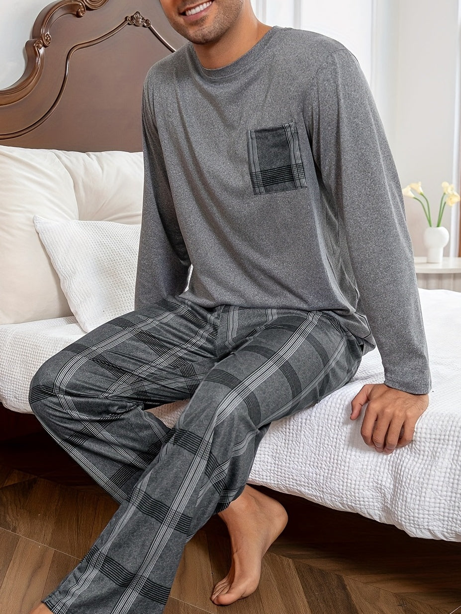 Men's Grey Lounge Set Long-Sleeve Tee Plaid Pants Two-Piece