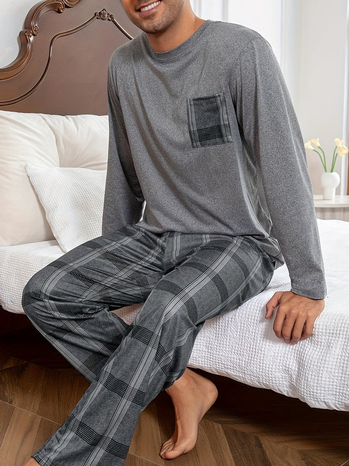 Men's Grey Lounge Set Long-Sleeve Tee Plaid Pants Two-Piece