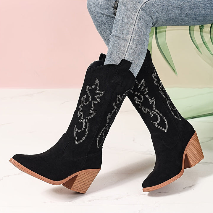 Women's Suede Western Boots Embroidered Block Heel Pointed-Toe Black