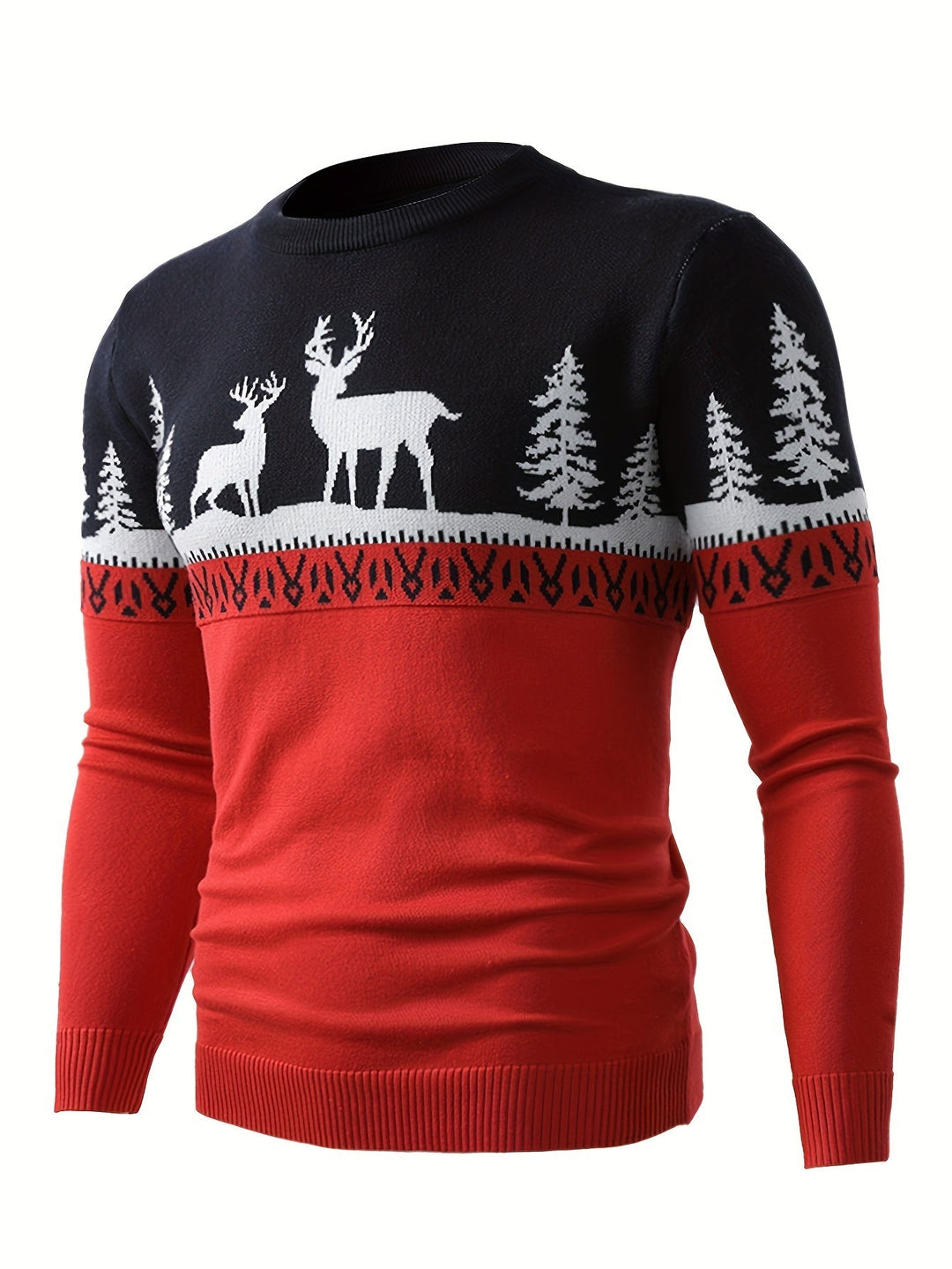 Men's Red Festive Christmas Sweater Reindeer Fair-Isle Crewneck