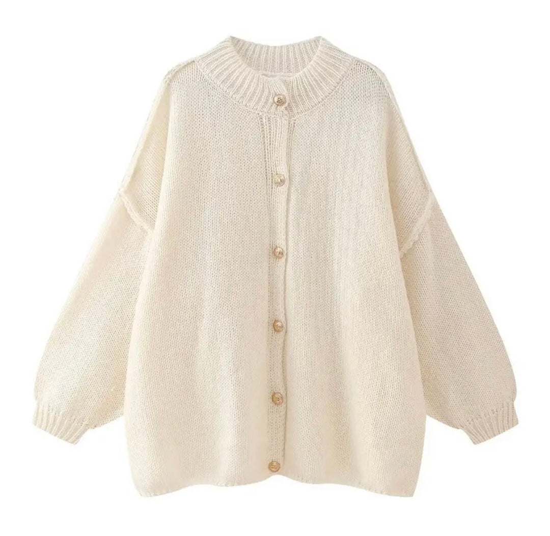 Women's Oversized Chunky Knit Cardigan Button-Front High-Neck Balloon-Sleeve