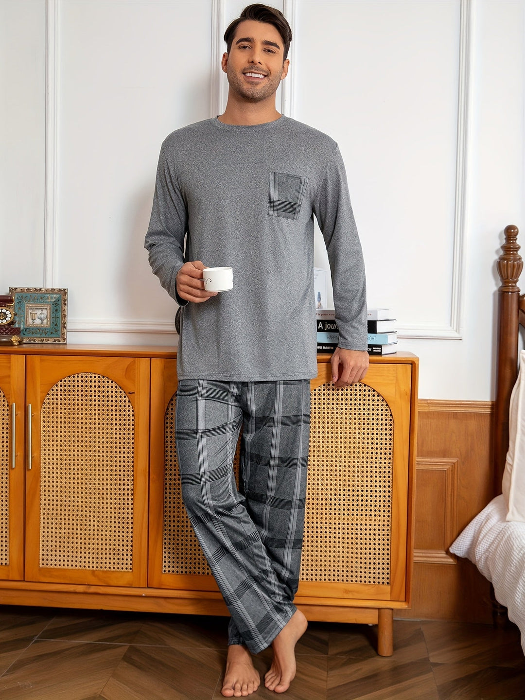Men's Grey Lounge Set Long-Sleeve Tee Plaid Pants Two-Piece