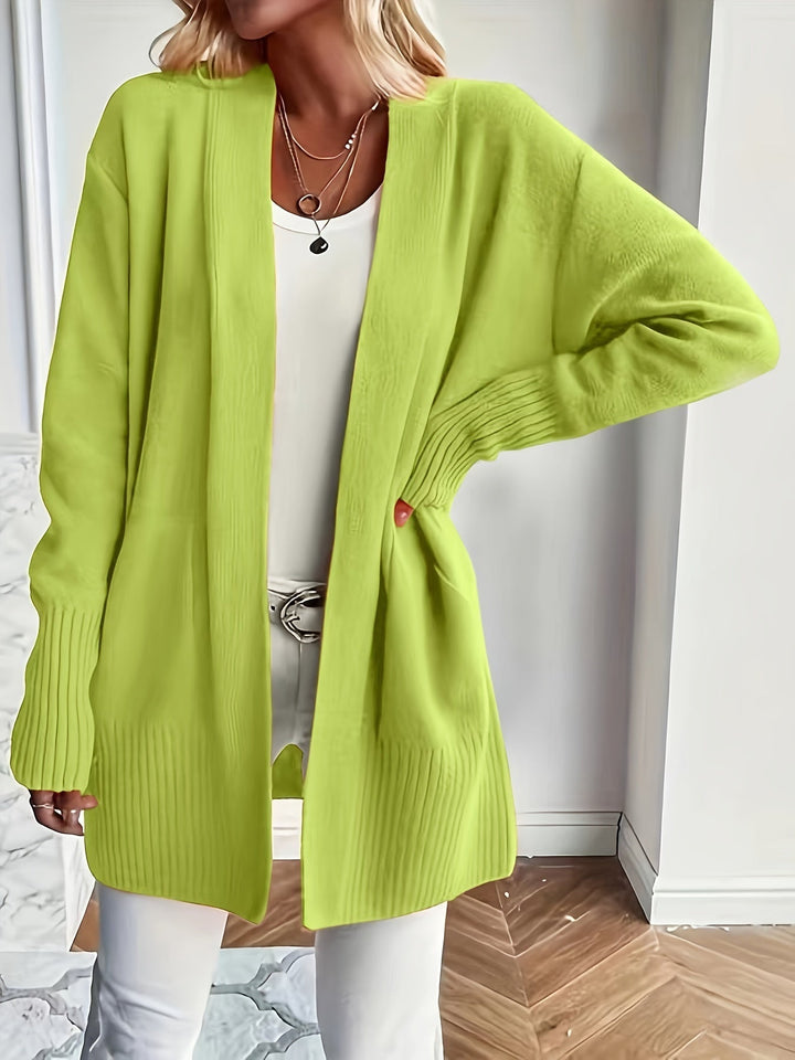 Women's Wool Blend Open-Front Cardigan Ribbed Longline Patch-Pocket Relaxed