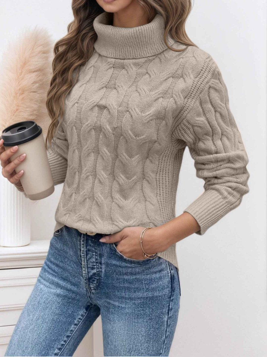 Women's Cable Knit Sweater Turtleneck Long-Sleeve Textured Relaxed Pullover Winter