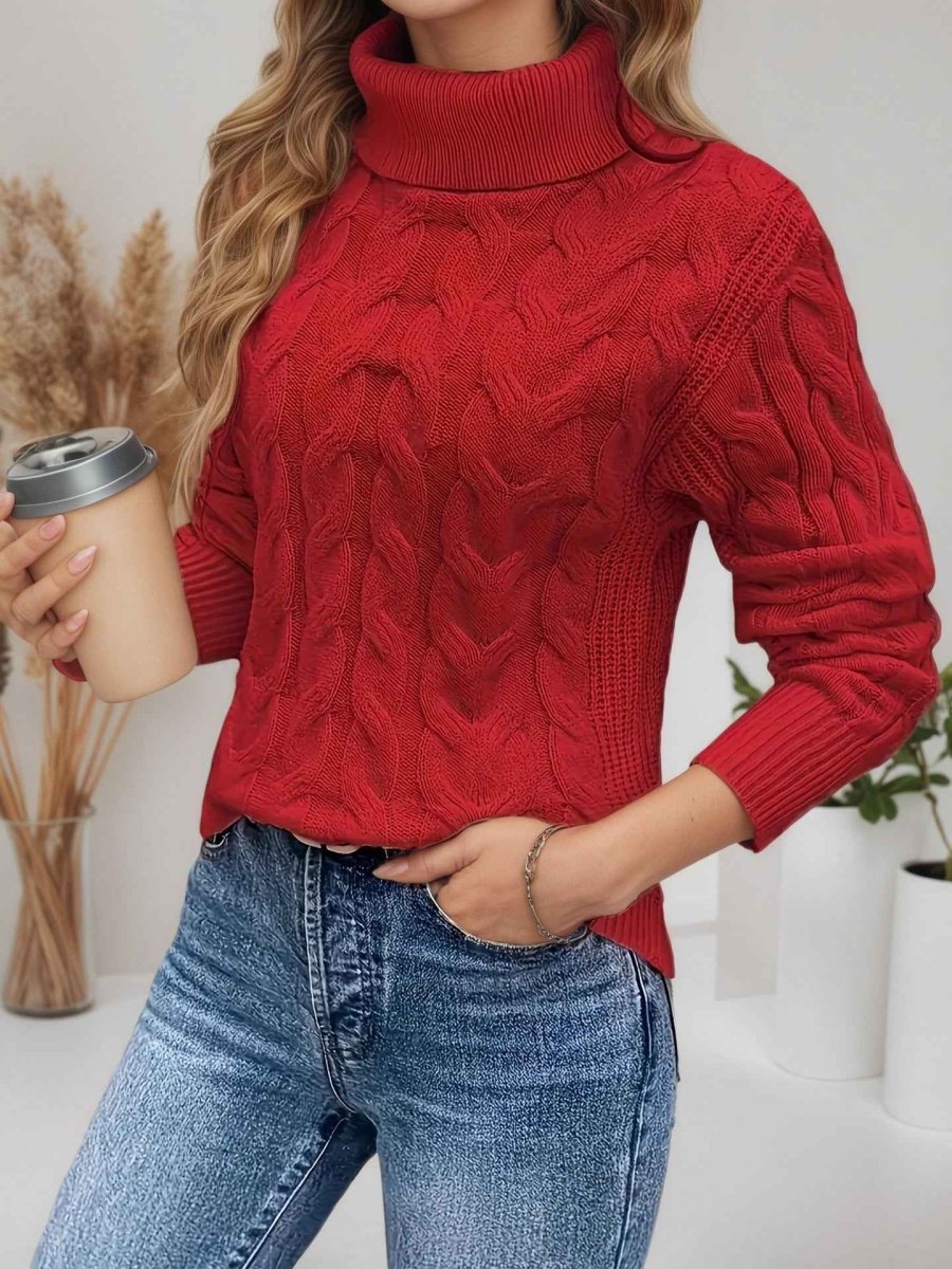 Women's Cable Knit Sweater Turtleneck Long-Sleeve Textured Relaxed Pullover Winter