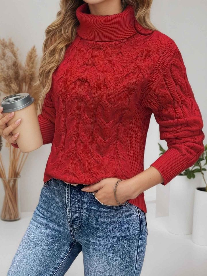 Women's Cable Knit Sweater Turtleneck Long-Sleeve Textured Relaxed Pullover Winter